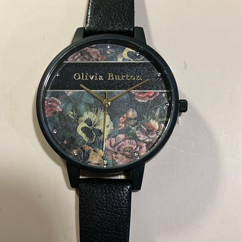 Olivia Burton Watch With 38mm Black Floral Face With Black Leather Band